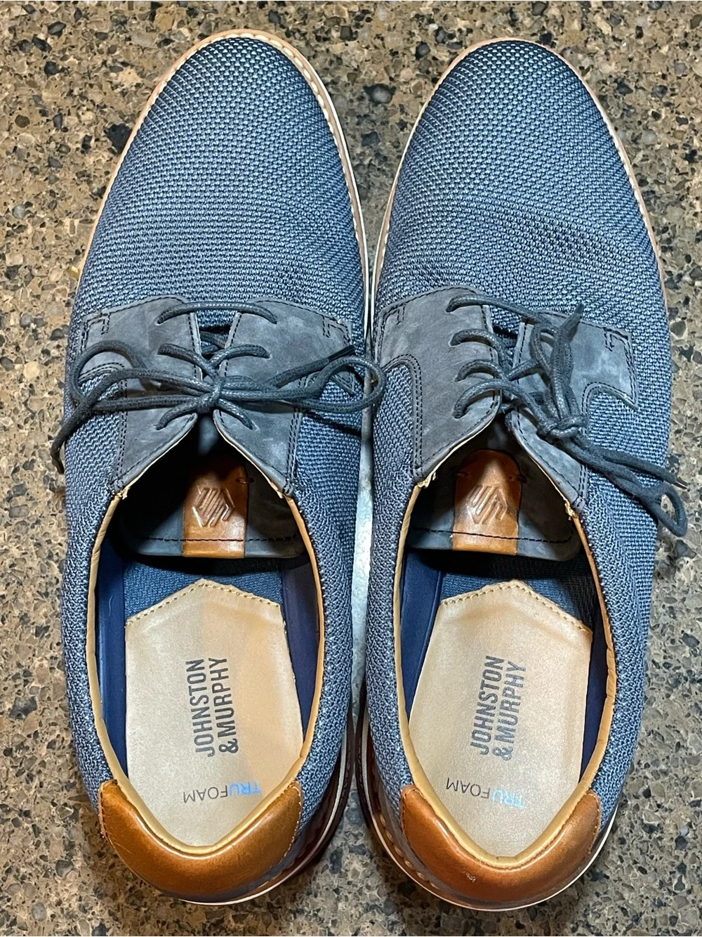 Men's Navy Knit Derby with Brown Trim — Casual Dress Shoes